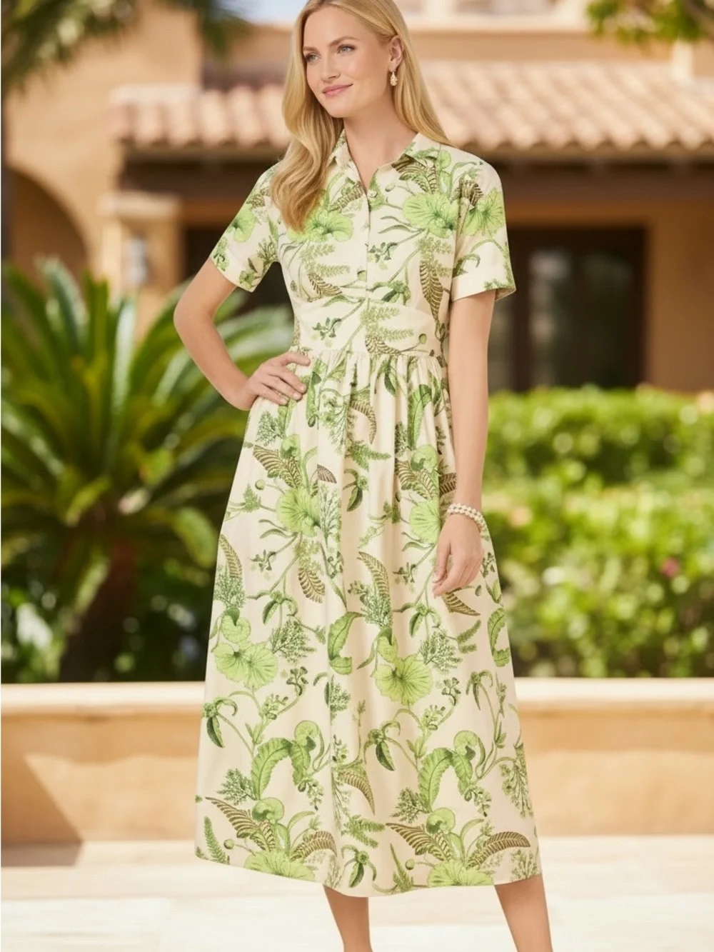 Talbots Modern Poplin Smocked Midi Shirt Dress 12P Branching Floral Green Cotton